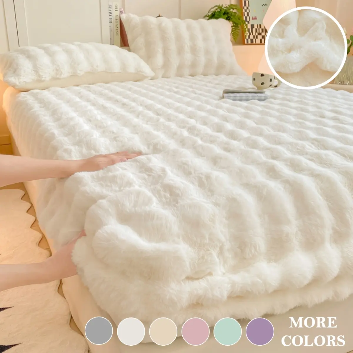 1pc Ultra Soft Faux Rabbit Fur Plush Bed Cover – Elastic Fitted & Machine Washable, Warm Light Beige, Skin-Friendly, Non-Shedding & No Fading, Soft Comfy Cozy Bedding, Home Décor for Comfort Seekers, Bedding For Bedroom