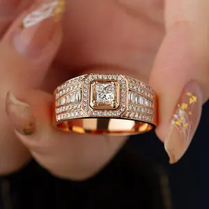 18K Gold Plated Platinum Princess Cut Diamond Ring for Men Luxury Cluster Full Diamond 1 Carat Zircon Ring