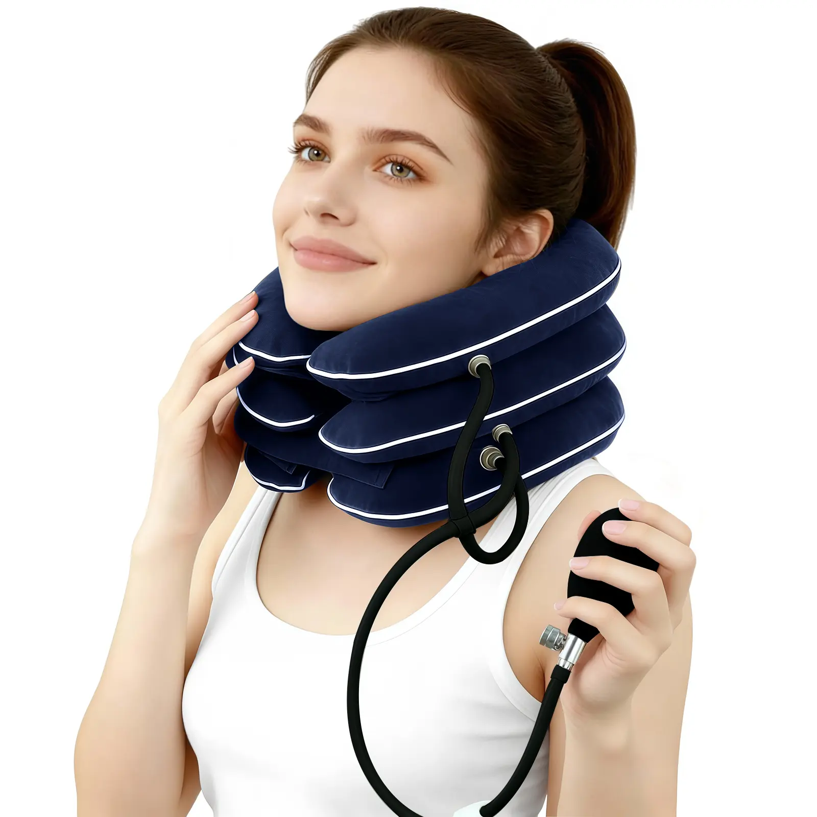Soft Durable Fabric Inflatable Neck Support Collar - Compact Design Cervical Brace with Adjustable Air Traction, Neck Wrap for Home, Office, Travel Use