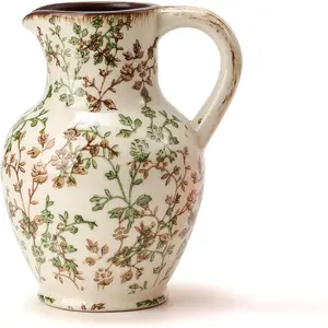Ceramic Vase with Handle,  Vase, Chinoiserie Floral Vase for  Decor, Table, Living Room, Shelf, Christmas Decoration (Green and Beige)