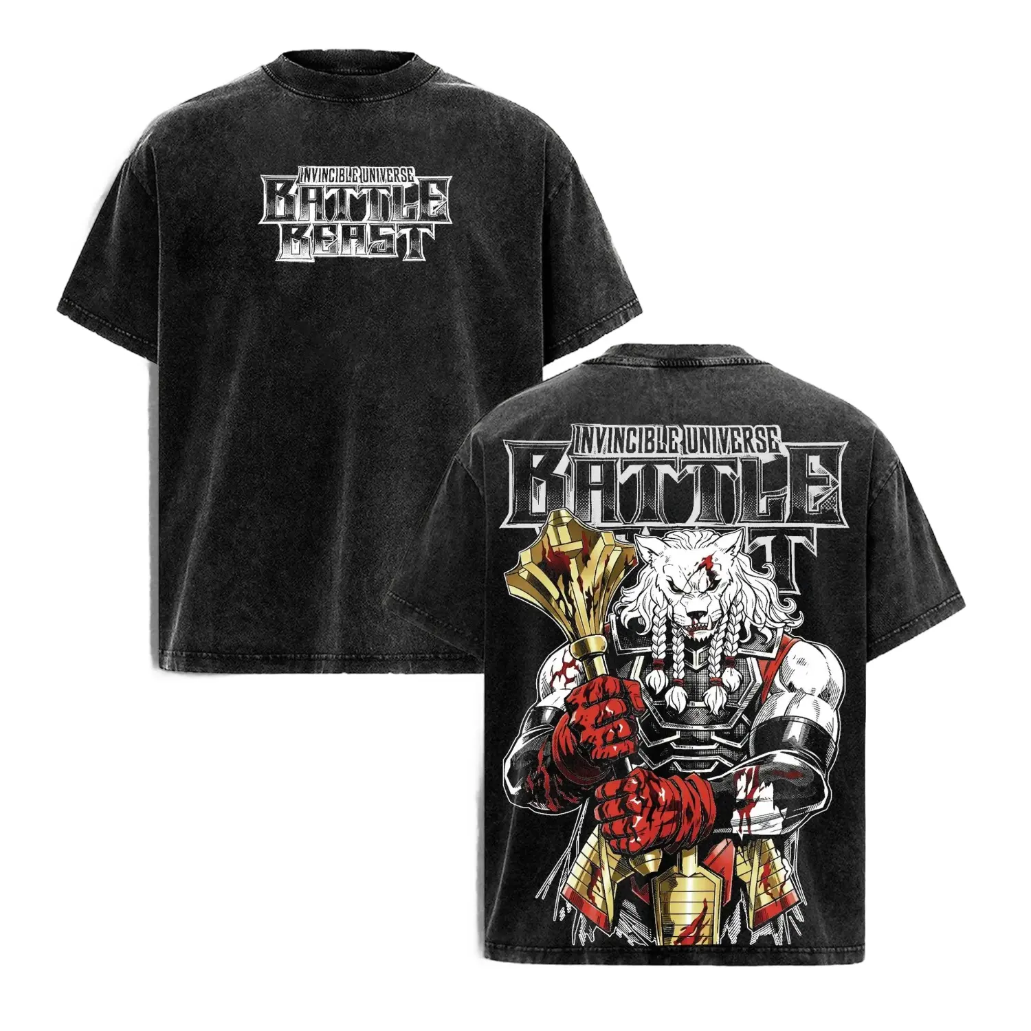 Battle Beast Universe Graphic Tee Vintage Washed Oversized Heavyweight T Shirt | Viltrumite Warrior Comic Streetwear Shirt | Large Back Print Graphic Tee | Heavy Cotton Unisex | Gym Pump Cover Gamer Outfit | Gift For Fans