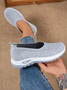 Women's Solid Color Breathable Sports Shoes, Soft Bottom Lightweight Slip-On Walking Shoes, Low Top Knitted Casual Sneakers, Trendy Summer Walking Shoes, Soft Sole Shoes, Trending Shoes, Soft Soled Shoes, Lightweight Comfy Shoes