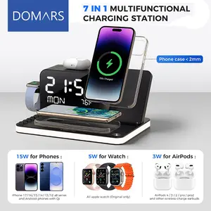 Domars 7 in 1 Wireless Charging Station with LED Night Light, Bluetooth Time Sync Clock & Temperature Display, USB-A & USB-C Ports – Compatible with for iPhone 17 16 15 14 13 , Android,Watch & AirPods For Samsung S25 S24 S23 S22 S21