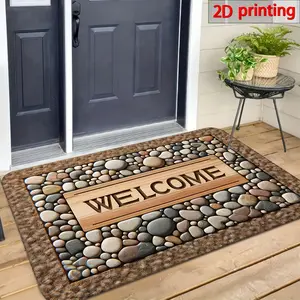 Flannel 1pc Welcome Home Non-Slip Door Mat - Durable, Machine Washable Mat With Stone Pattern & Wood Texture Design - Perfect For Farmhouse Decor, All-Season Use, Polyester Material, Welcoming Entrance Mat | Natural Look Mat | Wooden Plank Design
