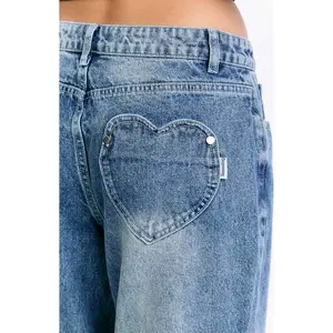 Lovers Lane Mid Wash Denim Heart Pocket Slouchy Jeans