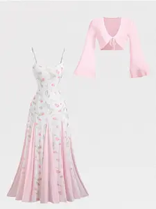 Women's Tulip Print Ultra Long Sun Dress, Summer V Neck Tie Front Blouse Matching Set, Elegant Fashion Two Piece Outfit