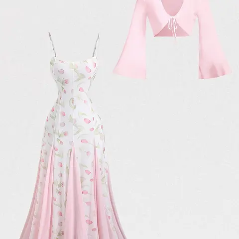 Women's Tulip Print Floral Ultra Long Spaghetti Strap Sun Dress, Summer V Neck Tie Front Blouse Matching Set, Elegant Fashion Two Piece Outfit, Style, Elegance, Boho Outfits