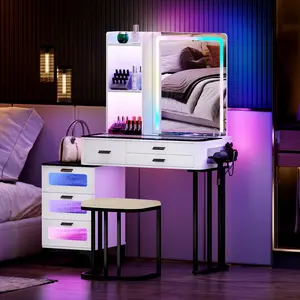 Dystler Makeup Vanity with Mirror Lights Table: Dressing Table with Wireless Charging Station & RGB Lights Mobile Vanity Desk with Glass-Top Design Girls/Women White Vanity for Bedroom