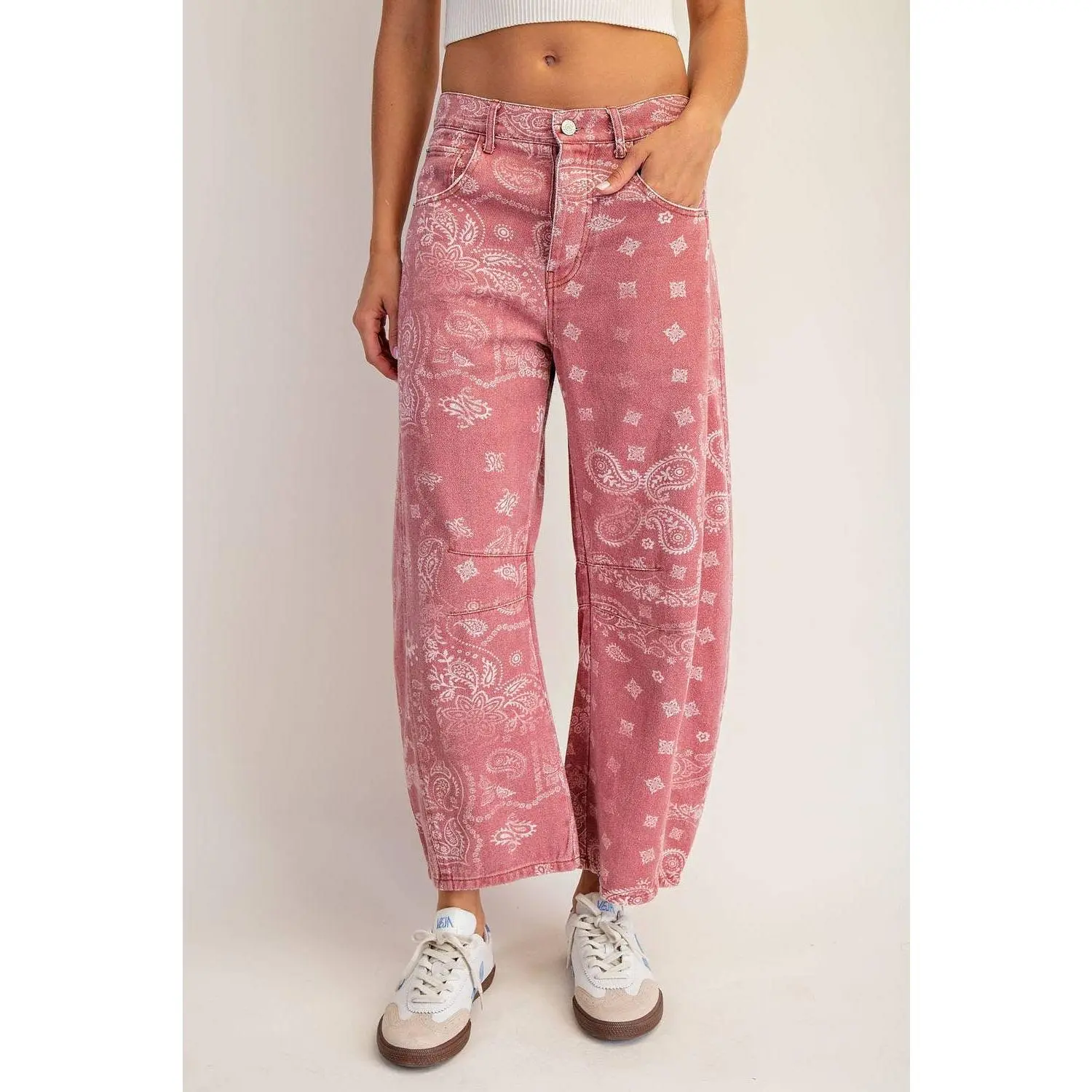 Mineral Washed Paisley Printed Barrel Jeans - Dusty Rose Bandana