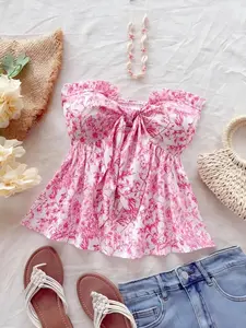 Summer Fashion Sexy Printed Top, Bohemian Vacation Casual Tie Waist A-Line Ruffle Hem, Elegant Loose-Fitting All over Print Shirt