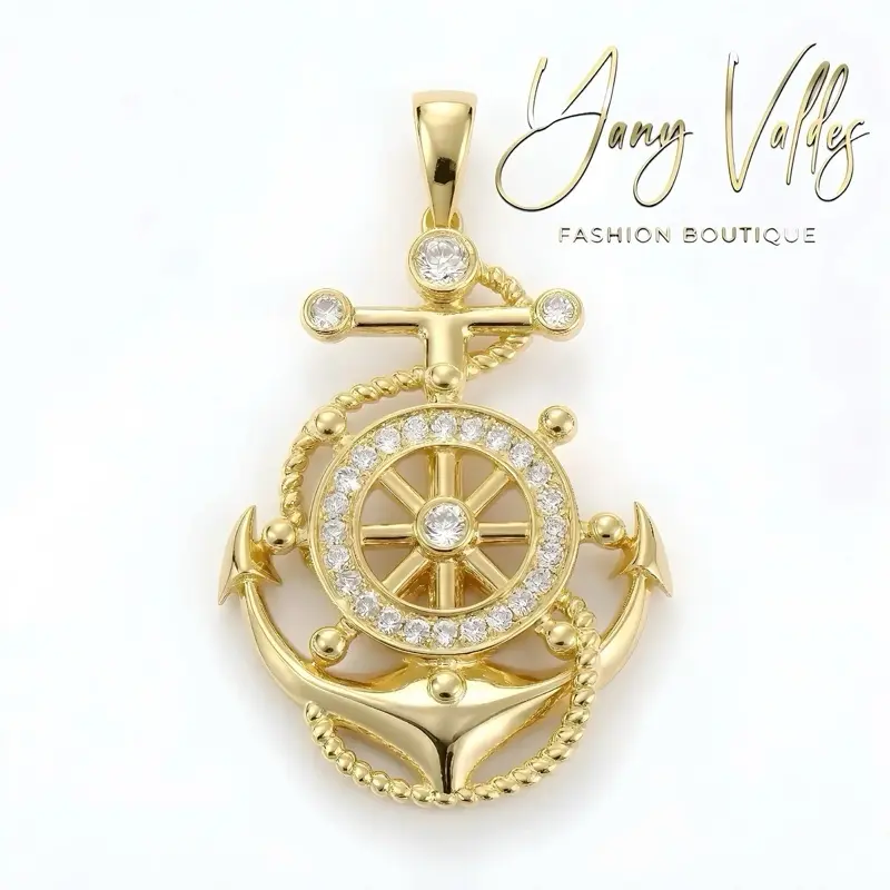 Gold Tone Nautical Wheel and Anchor Pendant with Clear Stones Charm