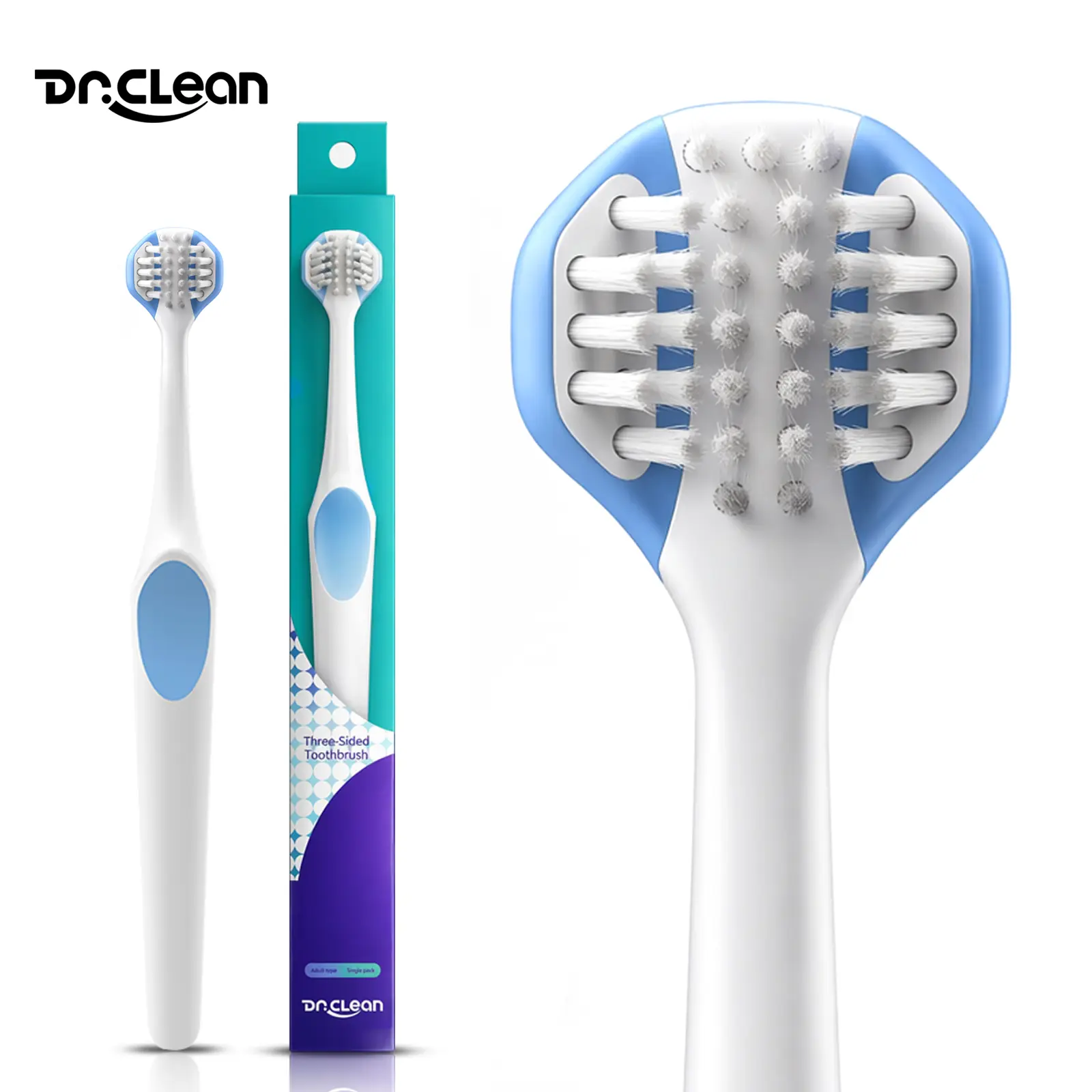 DR.CLEAN Adult Manual Three-Sided Toothbrush features a 360° wrap-around design and durable, medium-soft nylon bristles. It deeply cleans yellow stains, effectively removes plaque, and is suitable for daily brushing and home use.