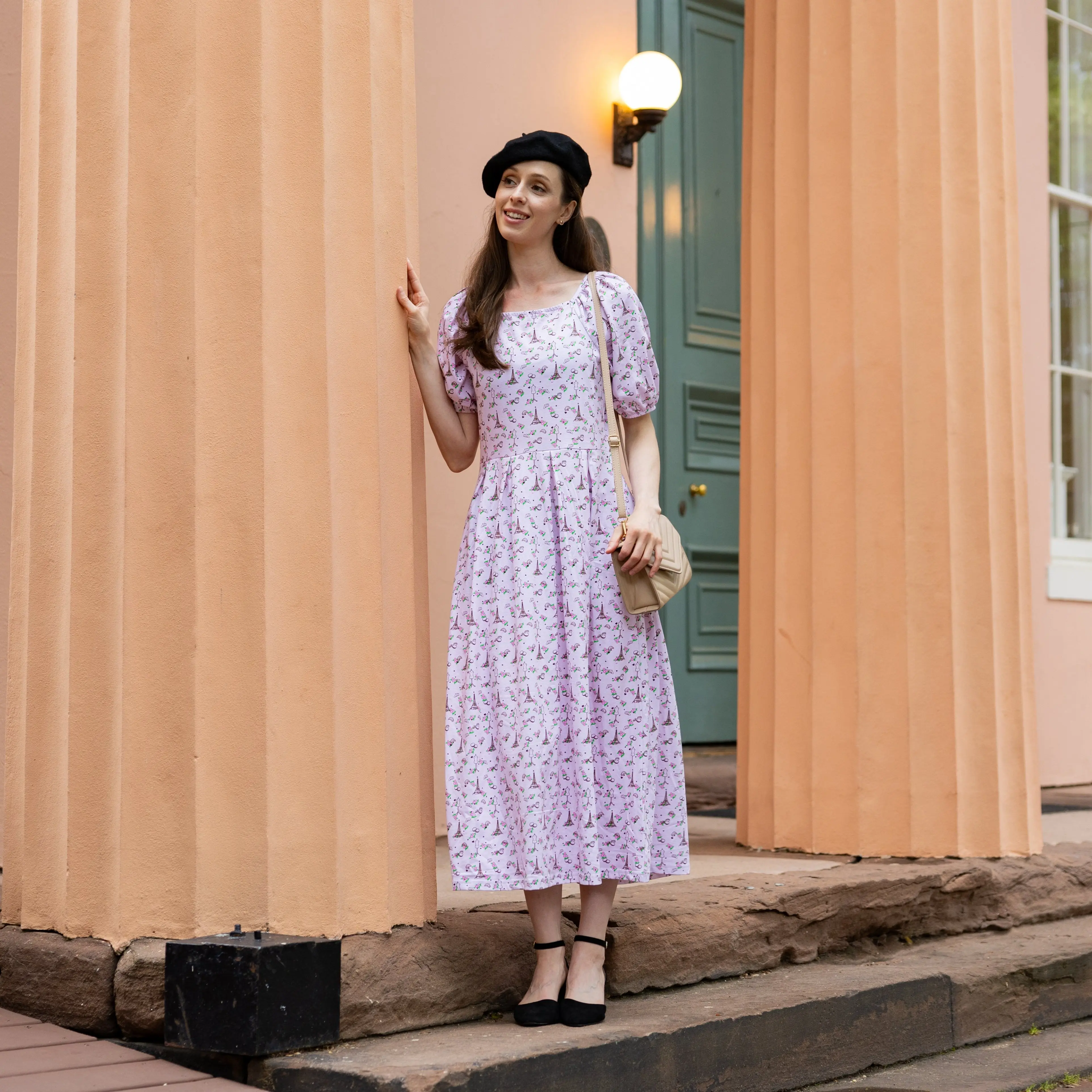 Paris Puff-Sleeves Long Midi Dress with Pockets
