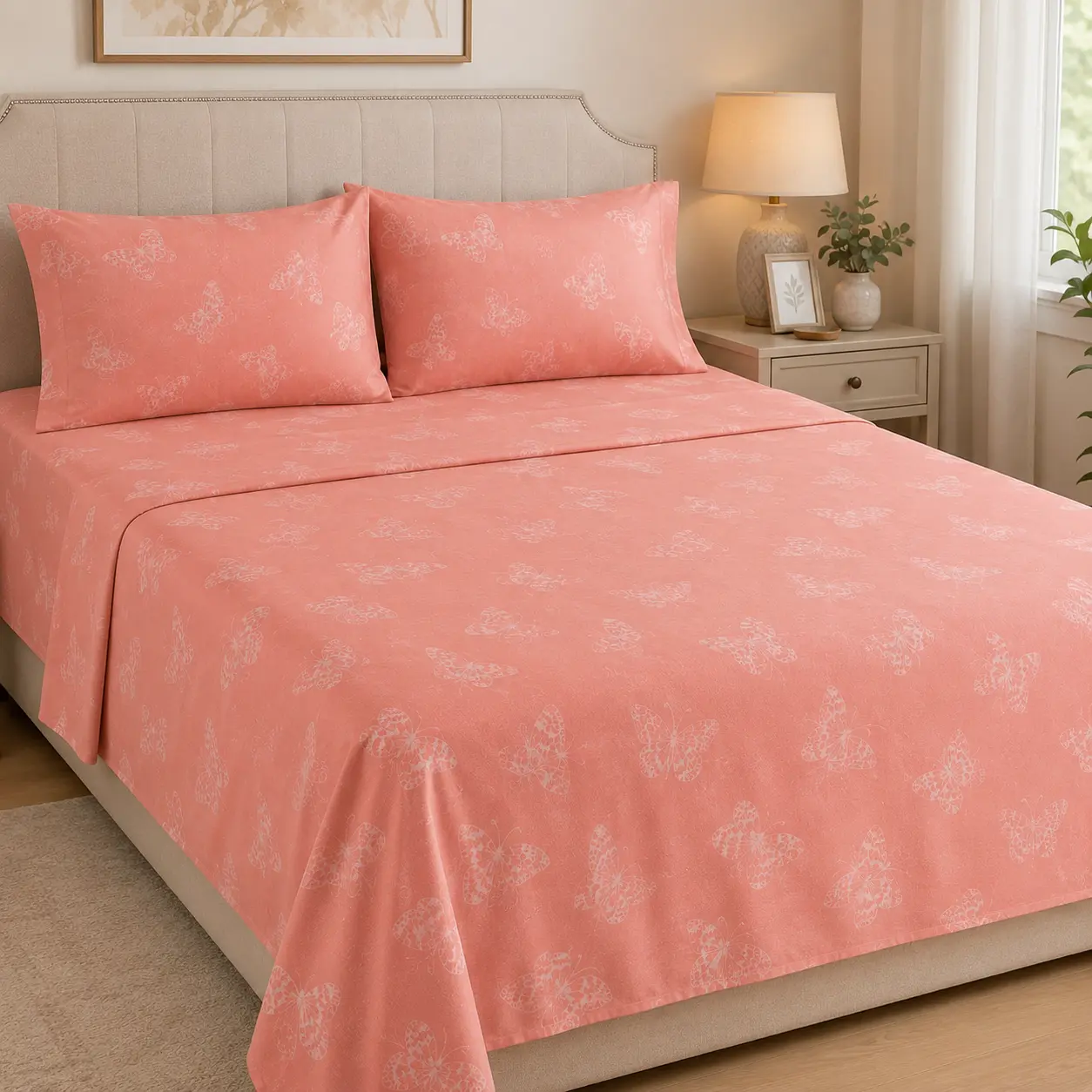 EZee Comforts Blush Butterfly 4-Piece Premium Cotton Blend Sheet Set – Flat Sheet, Fitted Sheet & Pillowcases
