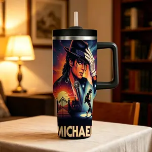 Michael Jackson 40oz Insulated Tumbler with Handle Stainless Steel Travel Mug with 2-in-1 Direct Sip Soft Straw Lid, Leakproof Car Cupholder Friendly