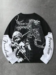 Same style for men and women, Gothic-themed Loose long sleeves, retro Vintage angel Printed, black and white contrasting colors, matching T-shirt with a faux two-piece design; suitable for wearing throughout the year; couples’ version
