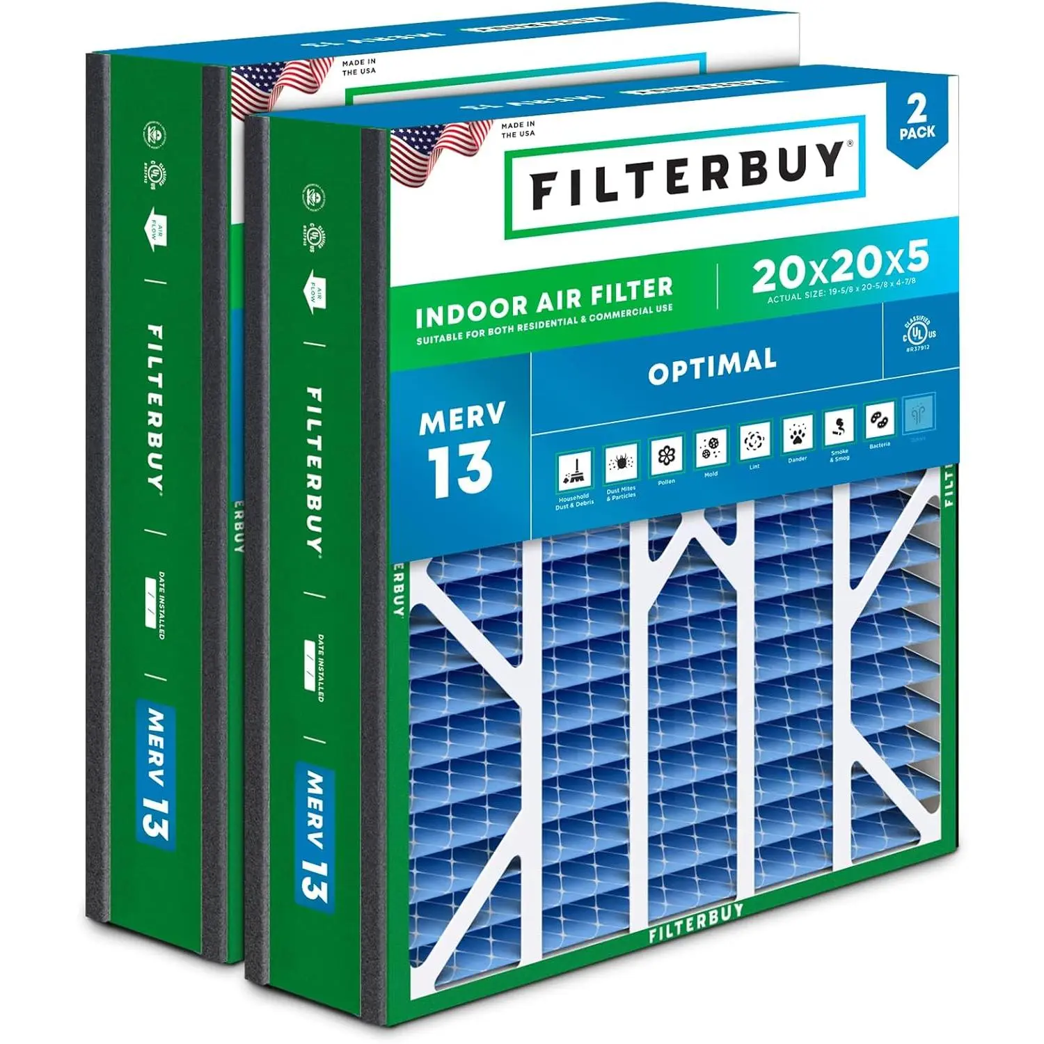 Filterbuy 20x20x5 Air Filter (2-Pack), Pleated MERV 13 Optimal Defense HVAC AC Furnace Air Filters for Trion Air Bear 255649-103 & More