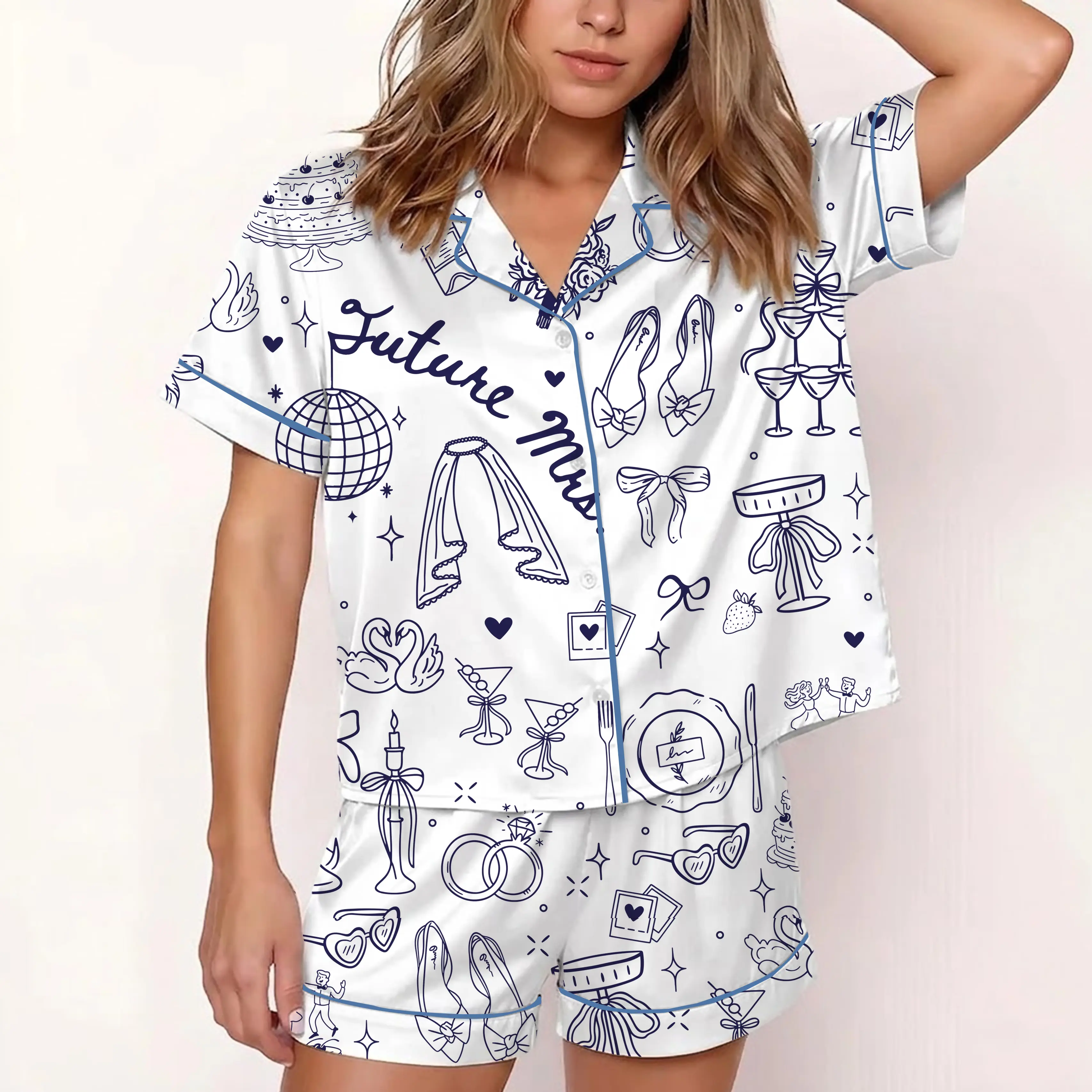 2026 Going To The Chapel Satin Pajama, Pjs Gonna Get Married Bachelorette Bride Wedding Art Print Short Sleeve Pajama