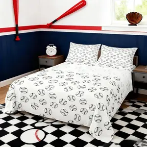 Baseball Kids Sheet,Ball Sports Games Competition Bedding Set,Girls Boys Adults Room Decor,Simple Style Fashion Black White Chic Bed Sheet Set,(Fitted + Flat Sheet)