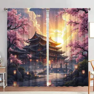 Japanese Style Garden Print Door Curtain, 1 Set Japanese Style Door Curtain, Home Decor for Living Room Bedroom, Room Divider Curtain