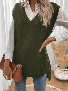 Women's Plain V Neck Ribbed Sweater Vest, Casual Sleeveless Knit Top for Summer, Fashion Women's Knitwear for Daily Wear, Sleeveless Clothing
