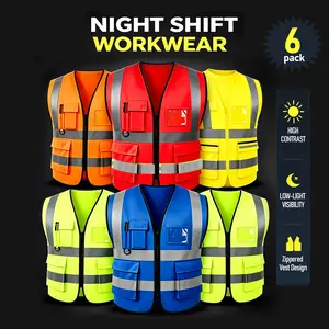 This 6-pack high-visibility reflective vest is made of polyester and certified to ANSI/ISEA safety standards. It features a zipper and hook-and-loop pockets with US sizing, ideal for construction, traffic control, warehousing and airport staff.