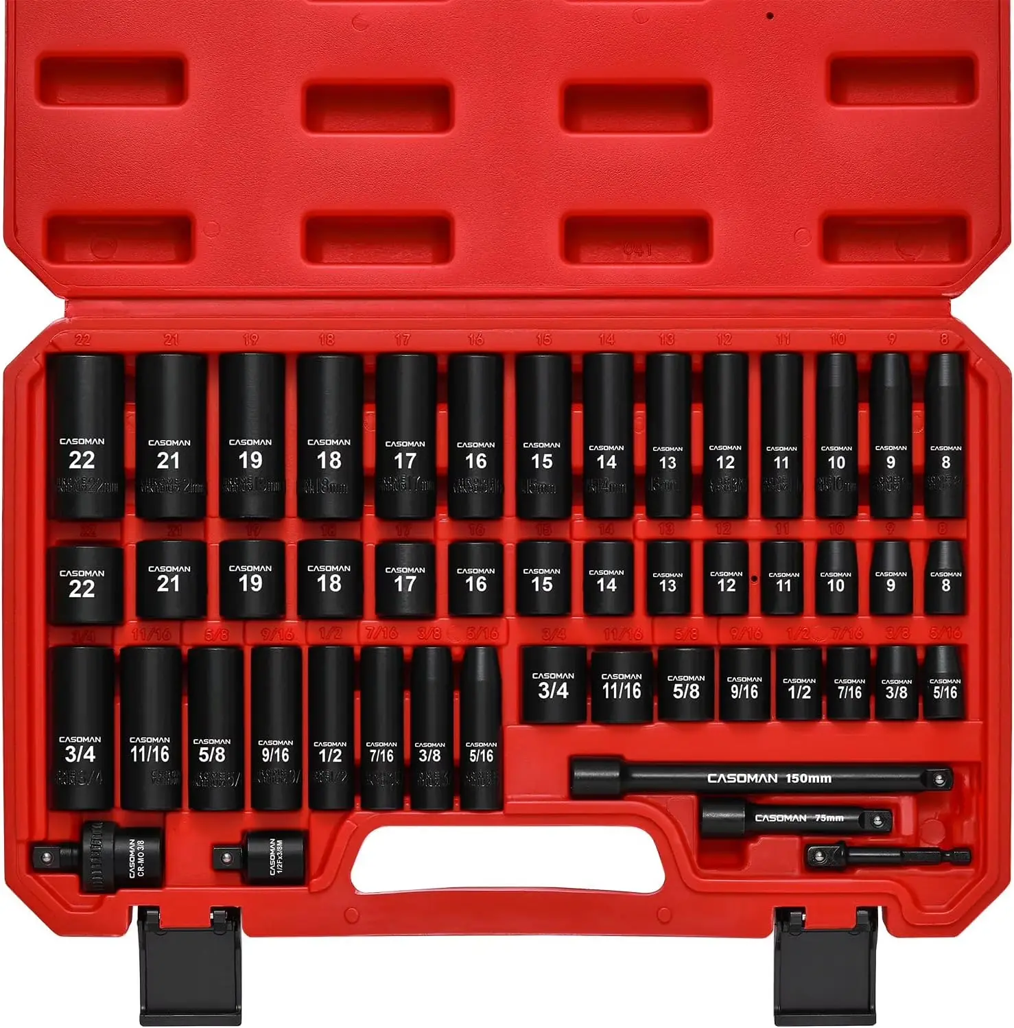 3/8" Drive Impact Socket Set, 49 Piece Standard SAE and Metric Sizes (5/16-Inch to 3/4-Inch and 8-22 mm), 6 Point, Cr-V Steel Socket Set