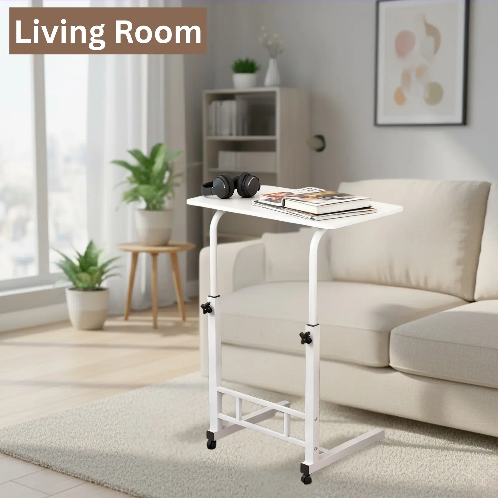SENROB Mobile Standing Desk for Walking Pad, Rolling Height Adjustable Laptop Table with Wheels, Standing Rolling Desk Cart for Treadmill, Portable C-Shape Workstation for Home Office, White