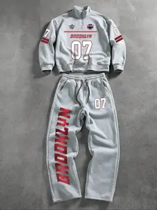 Men's Comfortable Sweatsuit, Grey Two-Piece Outfit Featuring Bold Brooklyn 07 and Victory Lettering, Ideal for Lounge Wear, Gym and Casual Outings