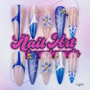 Delicatething Y2K Style Long Sharp Nail Tips, Handmade Wearable Nails, 4 Sizes XS S M L, 3D Spots French Design, Nail Art Decoration, Nail Extensions, Perfect Gift for Girls