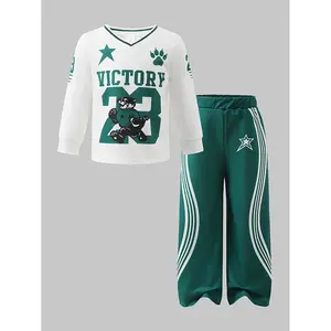 2pcs Girls' Clothing Number 23 VICTORY Letter Print V-Neck Long Sleeve T-Shirt and Striped Star Straight Pants Set for 4-7Y Kids,Ready Stock 42507055