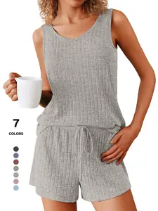 2026 Women's Ribbed Knit Casual Fitted Set, Sleeveless Tank Top & Shorts, Two-Piece Pajama Set, Available in 7 Colors, Comfortable Loungewear, Soft Lounge Sets