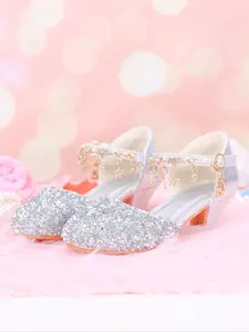 Girls' Crystal Princess High Heel Dress Shoes, Glitter Decorated Sandals, Party Wedding Flower Girl Shoes, All Seasons Formal Wear, PVC Upper Material, Tpr Sole
