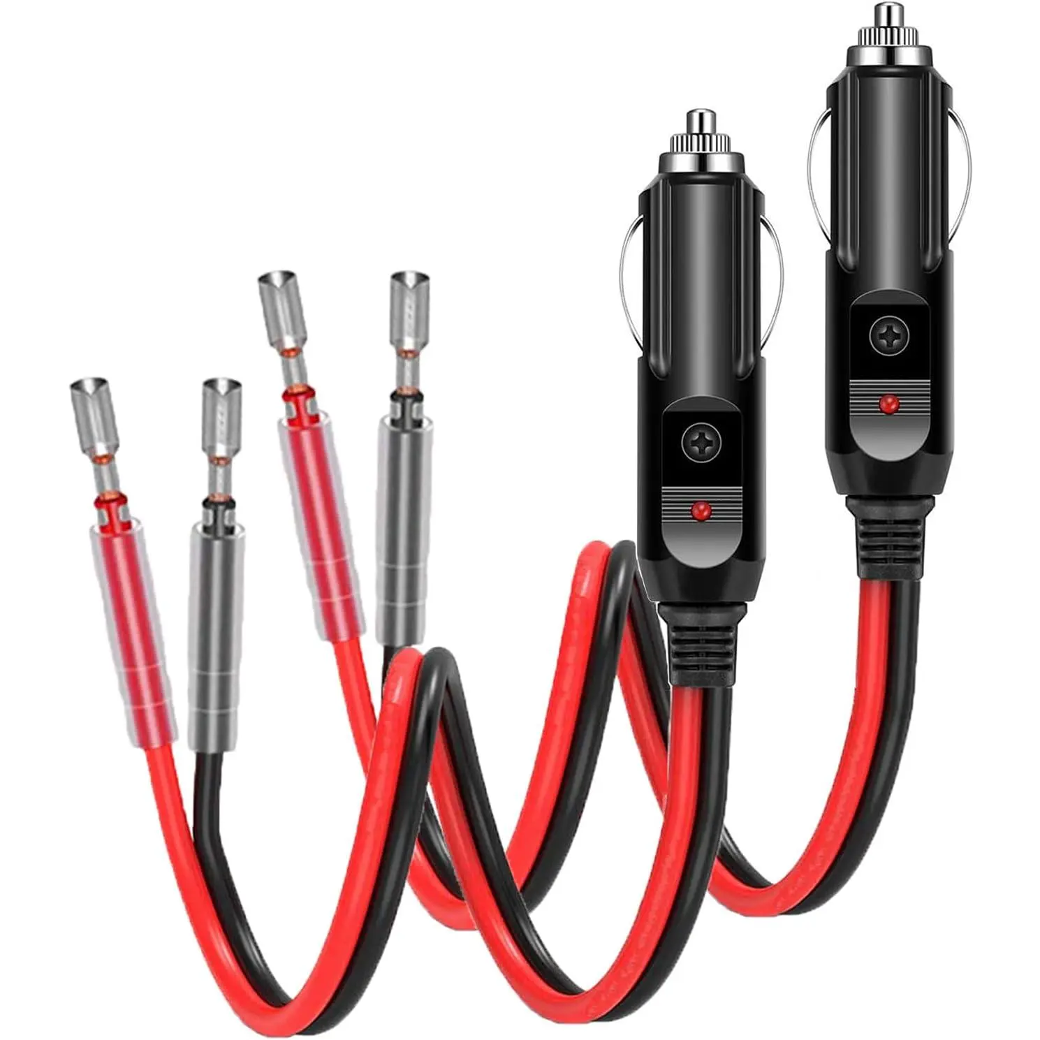 2-Pack 12V Fuse-Blown Cigarette Lighter Male Plug with Lead Wire and LED Light, 16AWG Car Replacement Heavy-Duty Male Plug 15A Fuse-Blown Cigarette Lighter Socket Wire