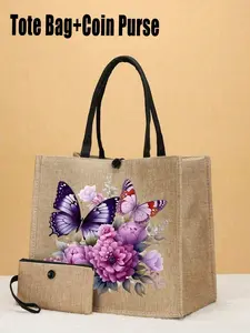 Large Capacity Boho Style Handbag, Butterfly Pattern, Nylon Material, All Seasons, Ideal for Travel, Shopping, Daily Use, Tote Bags