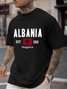 Men's Albania Flag & Letter Print Round Neck Tee, Regular Fit Casual Short Sleeve T-shirt for Summer, Men's Top for Daily Wear, Tropical