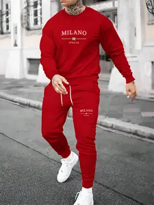 Men's Milano Letter Print Hoodie Set, Casual Round Neck Sweatshirt, Fall & Winter Fashion, Two-Piece, Comfortable Daily Wear