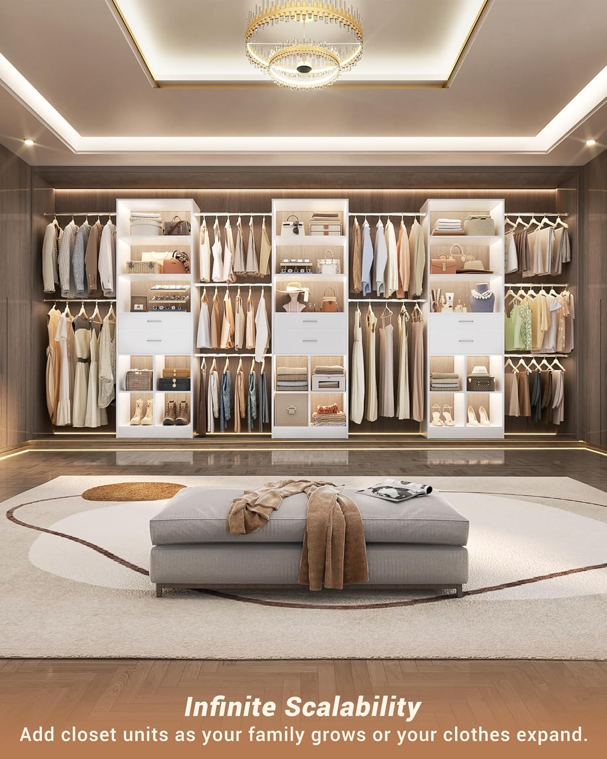 56''-81'' Adjustable Closet System for Reach-in/Walk-in/Built-in Closet Space, 3.2-6.8FT Small Closet Organizer Wardrobe Tower with 2 Wooden Drawers & 5 Expanable Hanging Rods