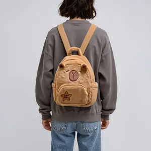 Cute Capybara Small Backpack for Women and Girls Soft Plush Schoolbag Zipper Closure Daypack for Travel and Vacation
