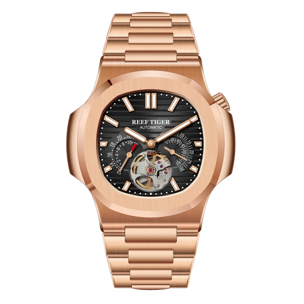 REEF TIGER Men's Fashion Auto Move Automatic Mechanical Wristwatch - 30M - 50M Waterproof, Luminous Square, Sapphire Crystal, Stainless Steel Strap, Analog-Digital, All Seasons Everyday Wear Luxury Gift Watch, Automatic Mechanical Movement, Clasp, Sapphir