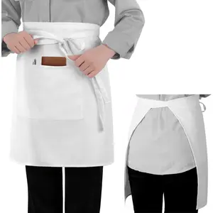 Long Server Apron with 2 Pockets, Extra Long Tie, Lightweight Half Aprons for Men Women Waiter Waitress Chef