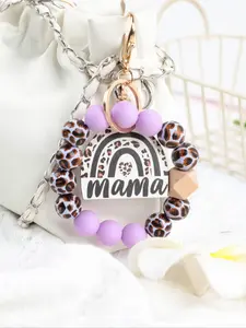 Leopard Print Mama Beaded Wrist Keychain, Trendy Cute Keychain, Rainbow Pendant Charm, Practical Design, Keychain for Bags, Perfect Gift for Mom, Friends, Mother's Day