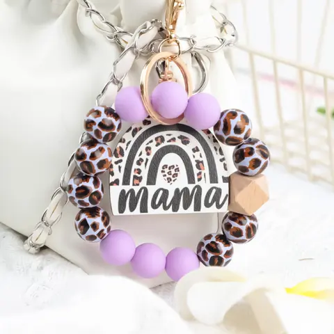 Leopard Print Mama Beaded Wrist Keychain, Trendy Cute Keychain, Rainbow Pendant Charm, Practical Design, Keychain for Bags, Perfect Gift for Mom, Friends, Mother's Day, Keychain For Purse, Keychain Wristlet, Keychains Cute, Keyring