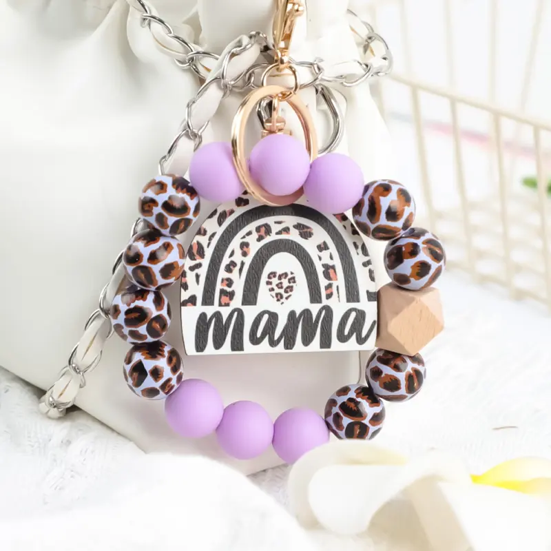 Leopard Print Mama Beaded Wrist Keychain, Trendy Cute Keychain, Rainbow Pendant Charm, Practical Design, Keychain for Bags, Perfect Gift for Mom, Friends, Mother's Day, Keychain For Purse, Keychain Wristlet, Keychains Cute, Keyring