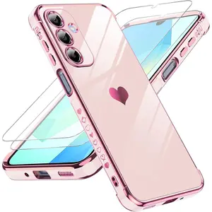 for Galaxy A16-5G Phone Case: Tempered Glass Screen Protector [2 Pcs]+ Full Camera Lens Protection,Love Heart Plating Luxury Shockproof Phone Case para Samsung A 16 5G Cute,Pink Magnetic Ultra-Thin iPhone with Flowers