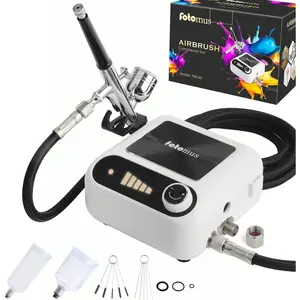 Airbrush Kit with Compressor, Can Connect Two Airbrushes, Auto Power ON/Off, 5-level adjustable, Dual Action, 0.3mm Nozzle, Compact, Airbrush Compressor Set, Painting, Nail, Makeup