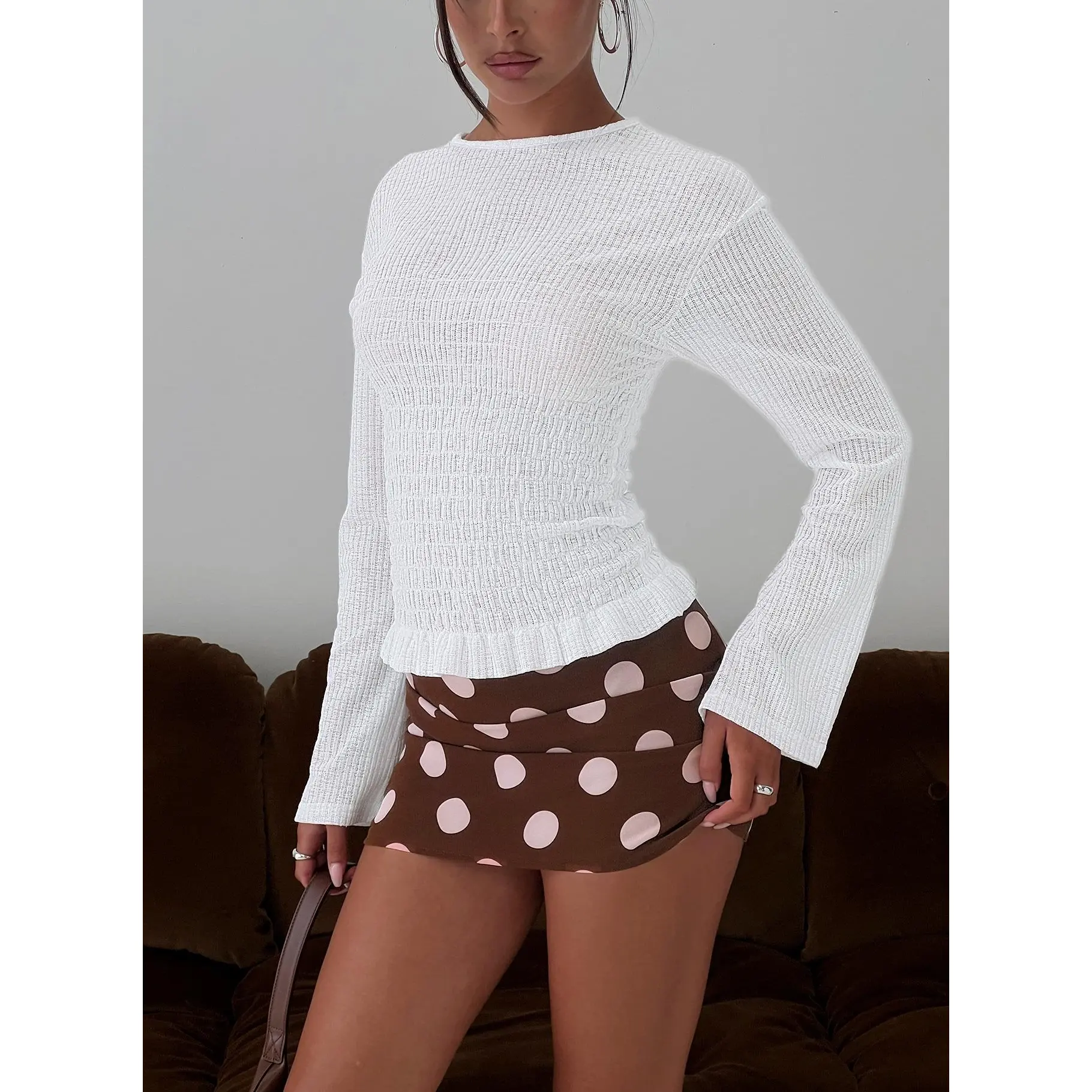 Bradly Shirred Long Sleeve Top White