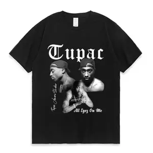 90s Black White Three Portrait Gothic Font Tupac Print Soft Cotton Short Sleeve, Classic Hip Hop Fan Vintage Cotton Top