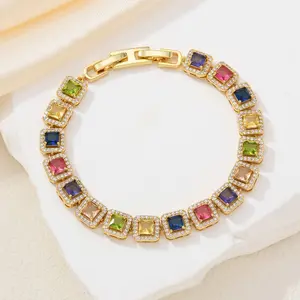 Rainbow Gemstone Bracelet for Women - Gold Plated Colorful Crystal Statement Bracelet, Elegant Cubic Zirconia Jewelry for Party & Gift