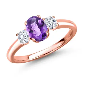 Gem Stone King 18K Rose Gold Plated Silver Gemstone Birthstone 3-Stone Engagement Ring for Women | Oval 7X5MM and Round 3MM | Wedding Anniversary Promise Ring | Sizes 5, 6, 7, 8, 9